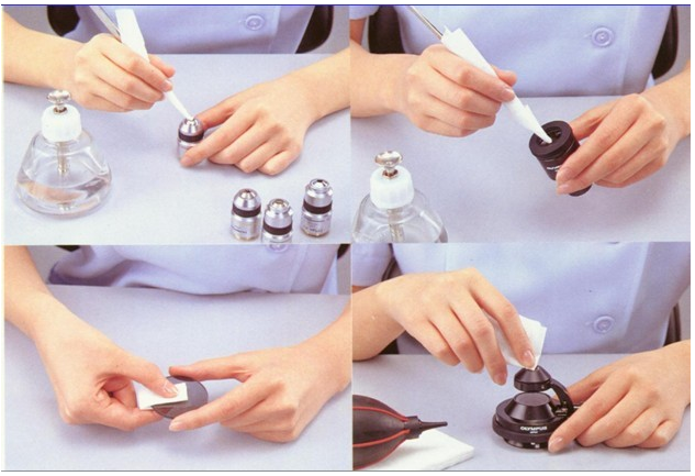 Microscope eyepiece and objective cleaning step