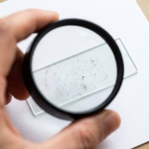 Put the slide on a white paper or bright background and check if any dirt on it.